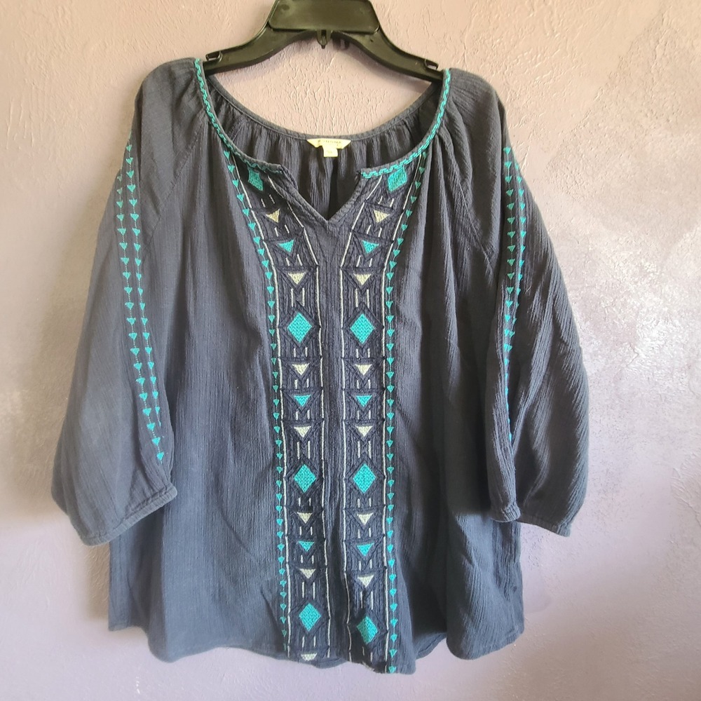 Sonoma Peasant Blouse Womens L Navy Blu Embroidered Crinkle Gauze 3/4 Sleeve Top